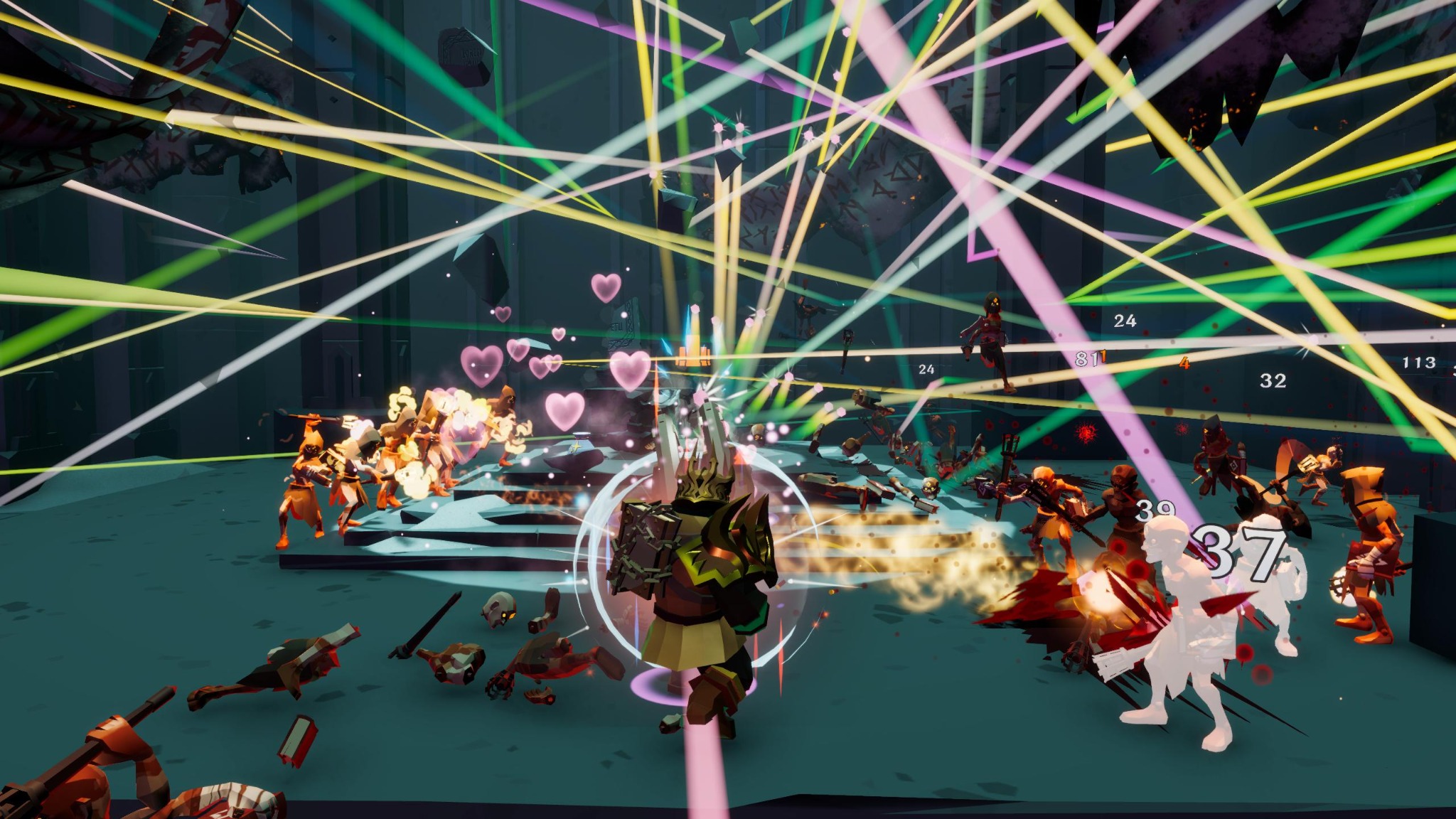 Badassgard gameplay showing colorful projectiles in combat